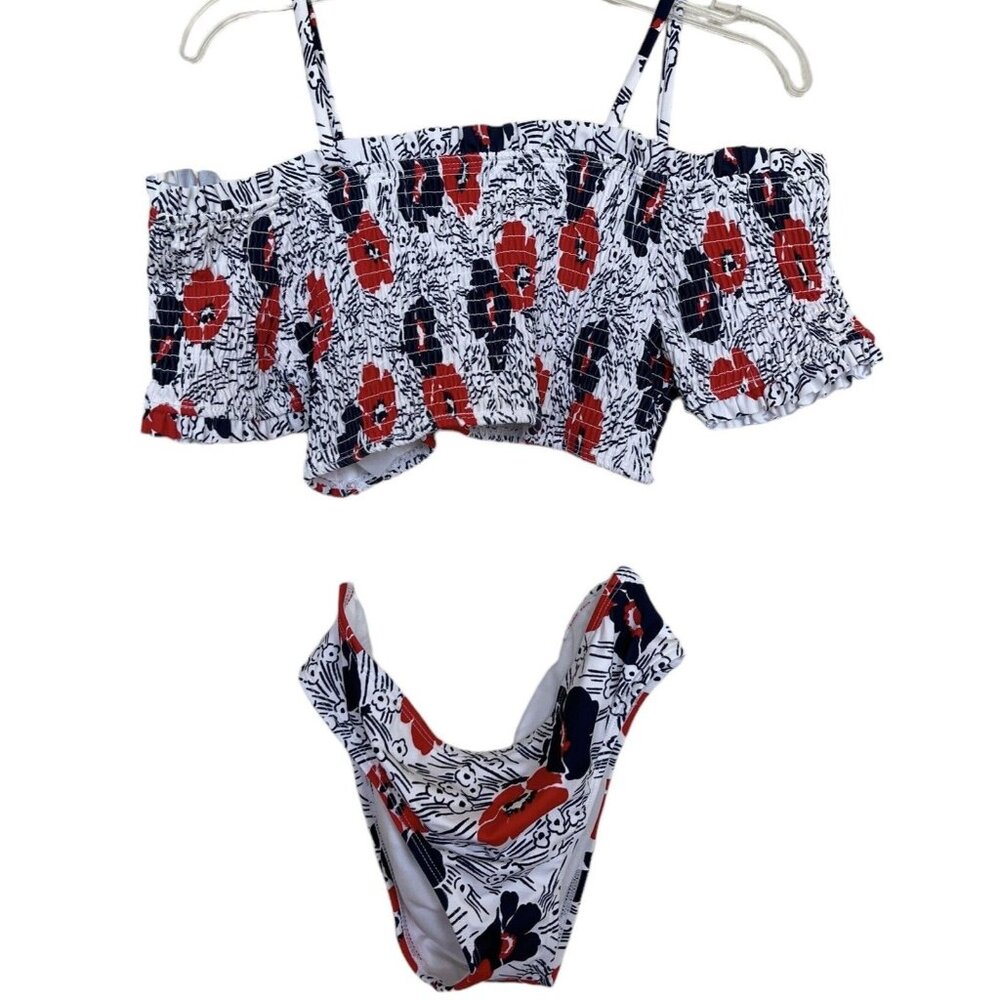 Janie And‎ Jack Bikini Size 16 Floral Smocked Off Shoulder Red White Blue